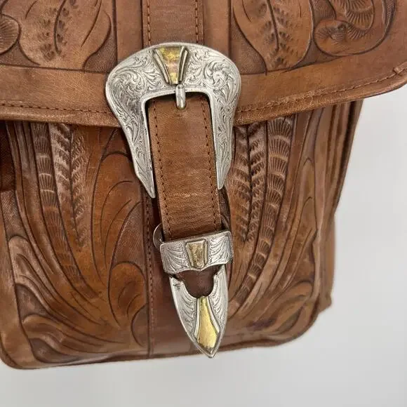 Vintage Sergios Tooled Leather Messenger Bag Shoulder Duffel Western Cowboy